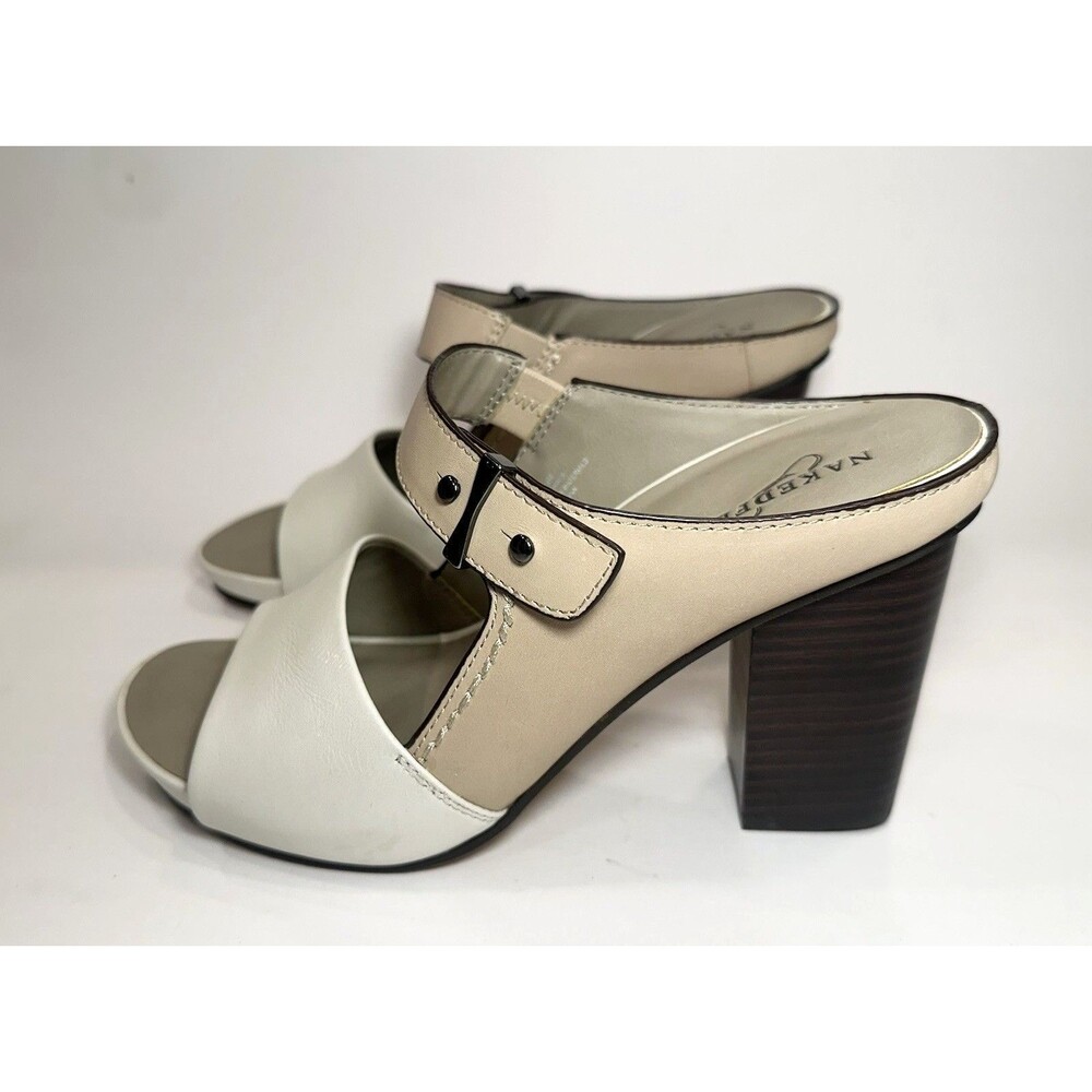 Naked Feet Tyngg Leather Block Heel Mule Sandals Cream Beige Sport White Size 9